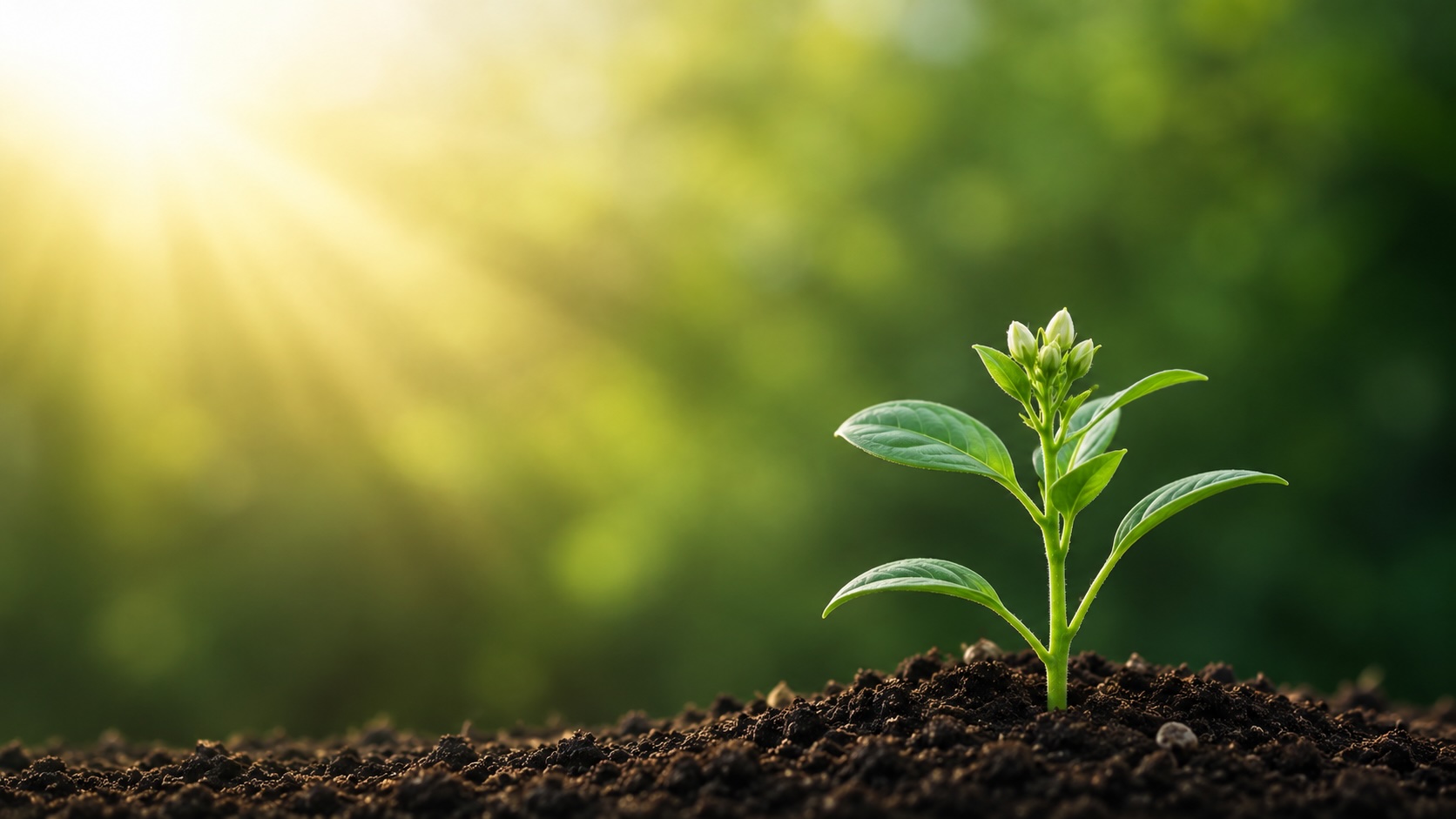 A young plant rising from rich soil in warm morning light